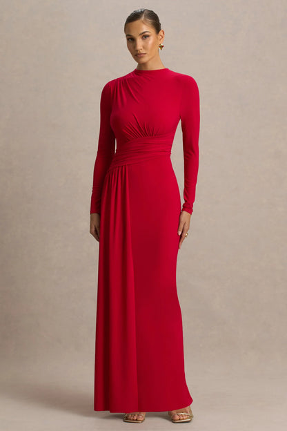 Virelle Red Boat Neck Maxi Dress With Wrap Detail And Sash