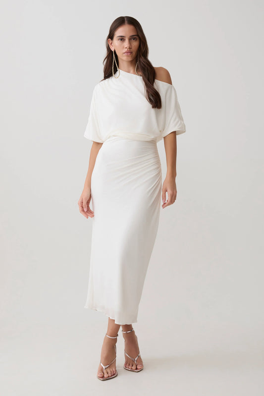 Alva Wool Lyocell Draped Midi Dress White