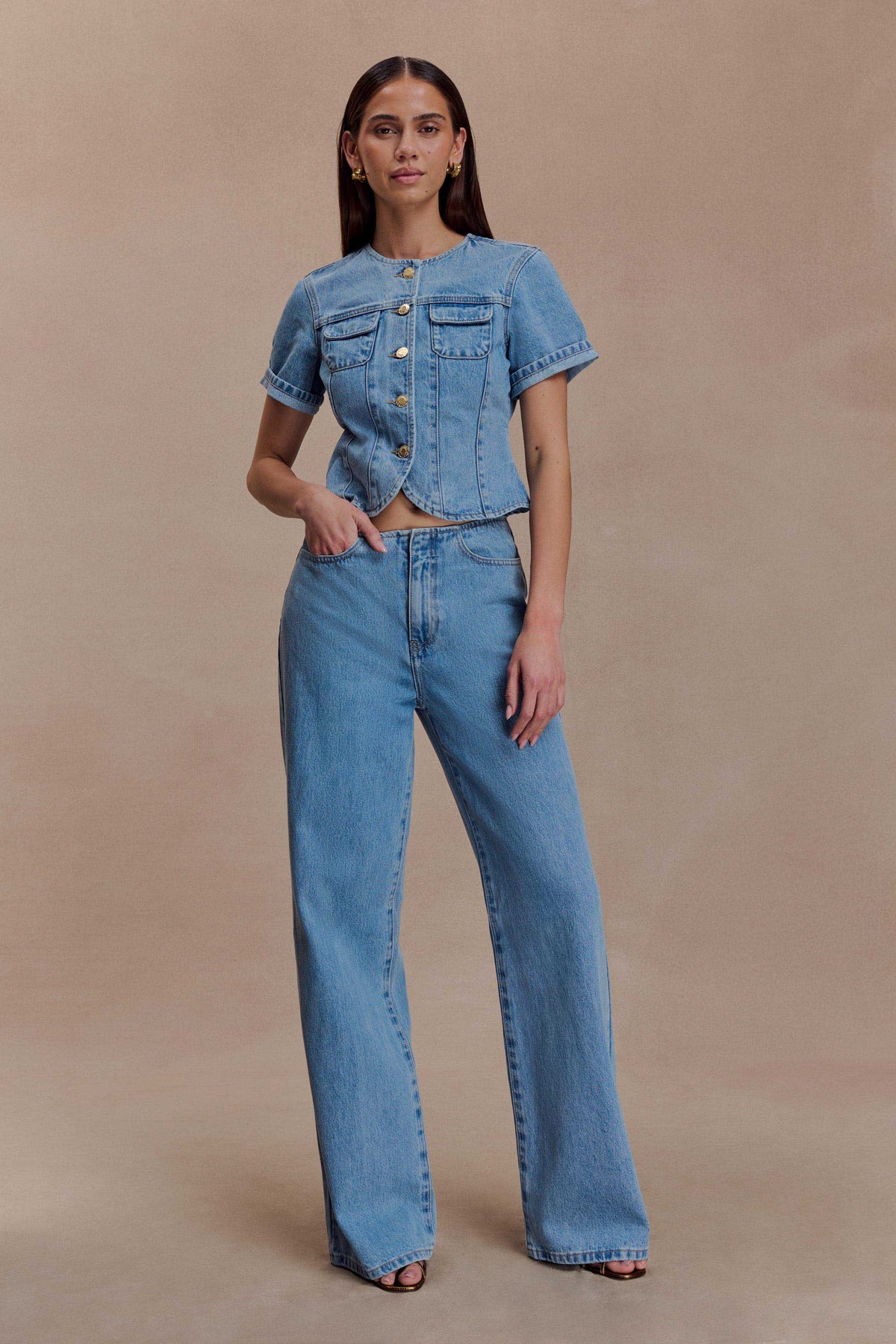 Marge Fitted Denim Short Sleeve Top Classic Blue