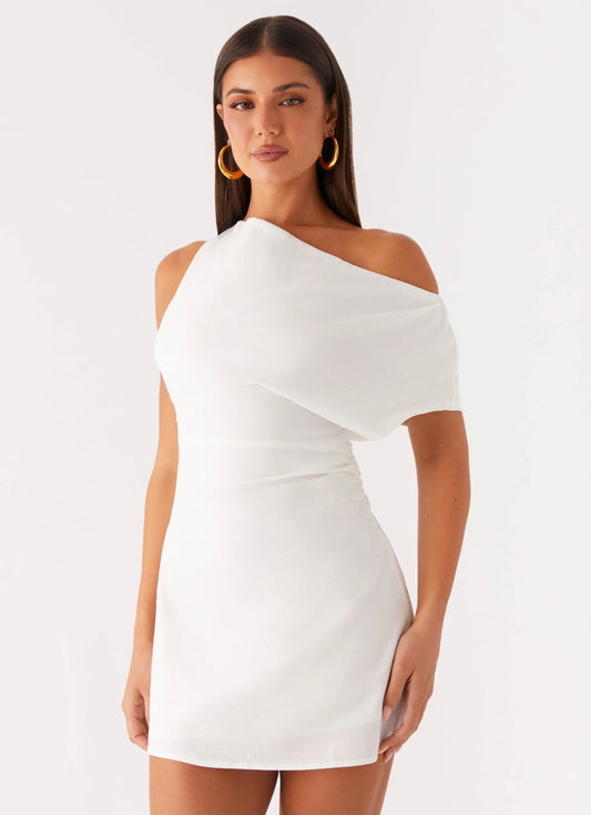 Moonlight Oasis Asymmetrical Cotton Mini Dress Off White