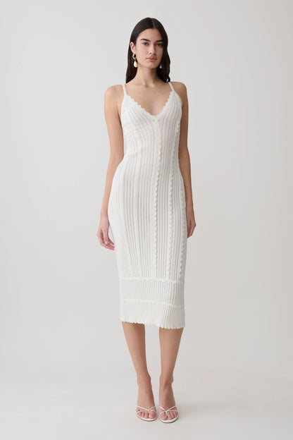 Cooper Scalloped Neckline Pointelle Midi Dress White