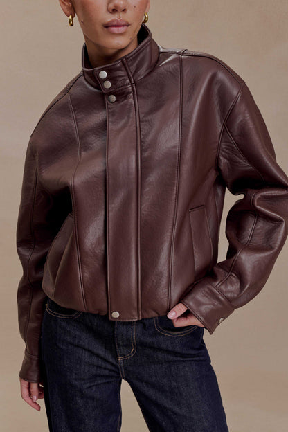 Curtis Faux Leather Bomber Jacket Dark Chocolate