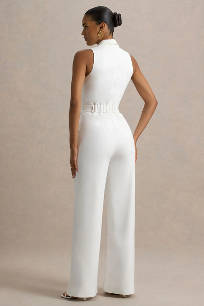 Trixie White Plunge Neck Tailored Jumpsuit