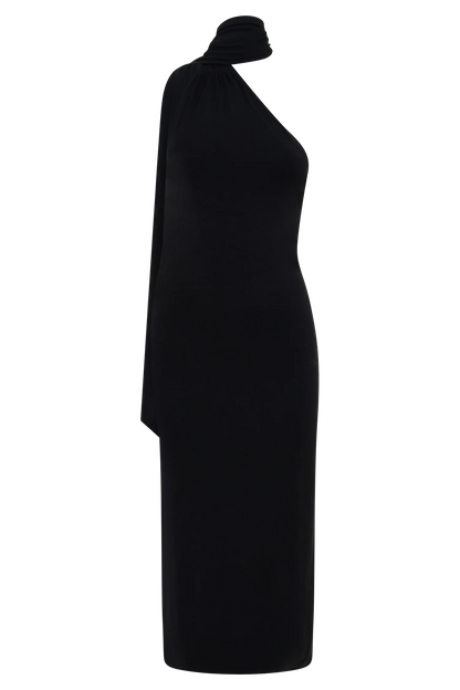 Jemma One Shoulder Tie Midi Dress Black