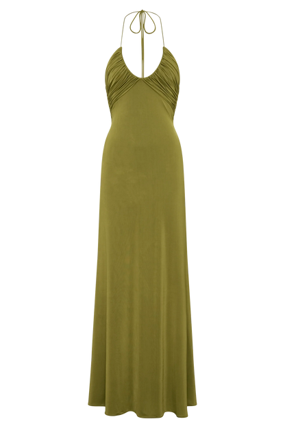 Maely Gathered Slinky Maxi Dress Olive