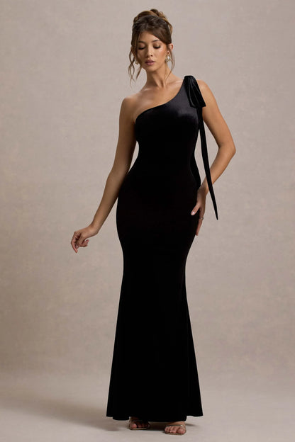 Jillian Black Velvet Asymmetric Maxi Dress With Bow Strap
