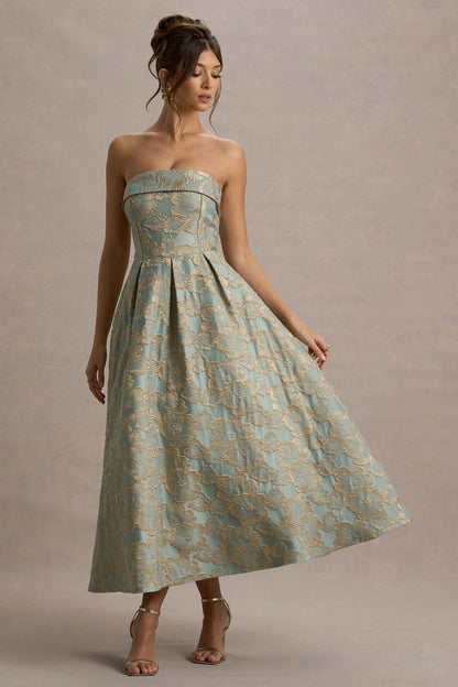 Zuma Light Blue Jacquard Strapless Midi Dress