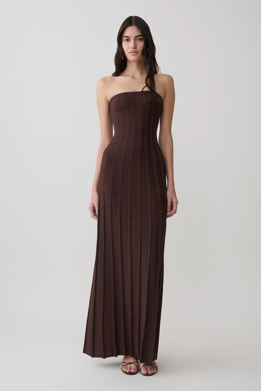 Pia Ribbed Strapless Maxi Dress Chocolate