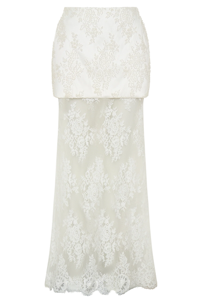 Camille Beaded Satin And Lace Maxi Skirt Ivory