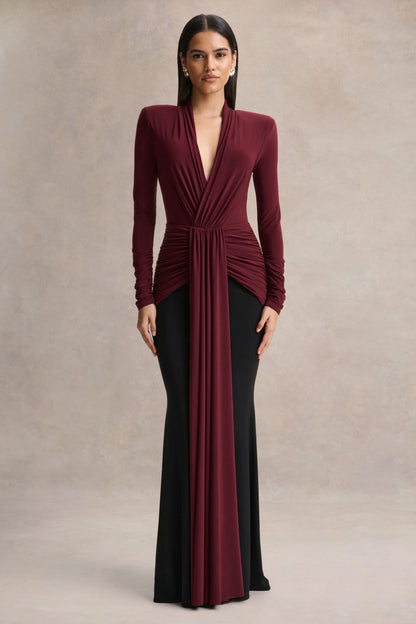 Halston Burgundy And Black Plunge Neck Maxi Dress With Gathered Detailing