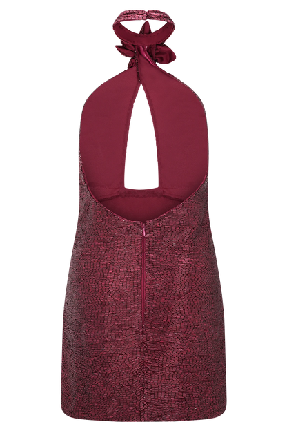 Nylah Beaded Halter Mini Dress Burgundy