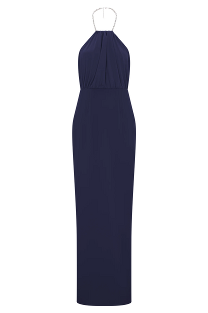Elina Satin Necklace Maxi Dress Navy