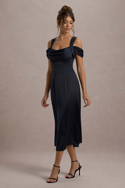 Sawyer Navy Satin Draped Midi Dress