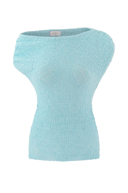 Chloe Off Shoulder Boucle Knit Top Light Blue