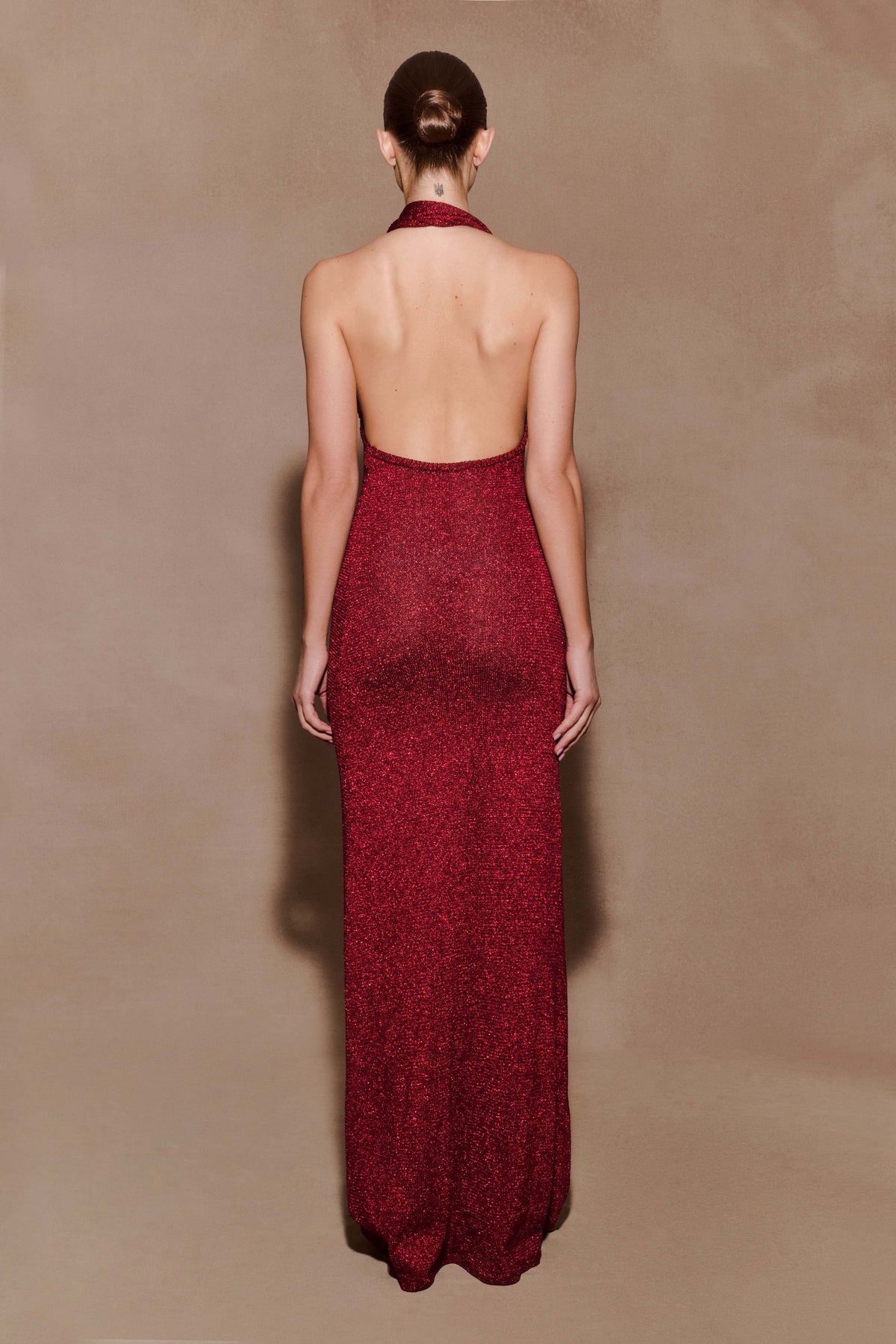 Elma Lurex Knit Halter Maxi Dress Deep Red