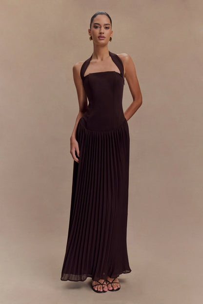Stacie Pleated Halter Maxi Dress Cacao