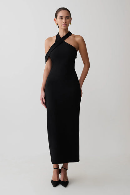 Sable Crossover Crepe Midi Dress Black