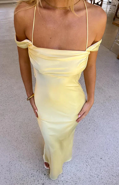 Danni Light Yellow Tie Off Shoulder Formal Maxi Dress