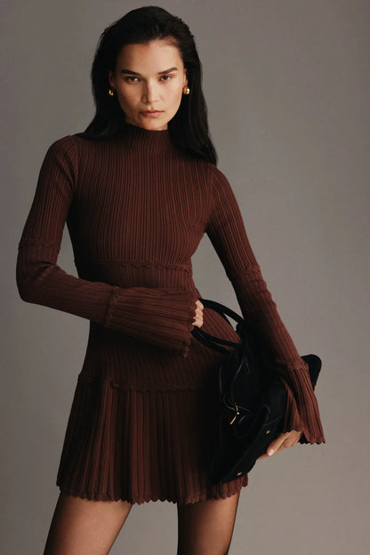 Adena Pointelle Knit Mini Dress Chocolate