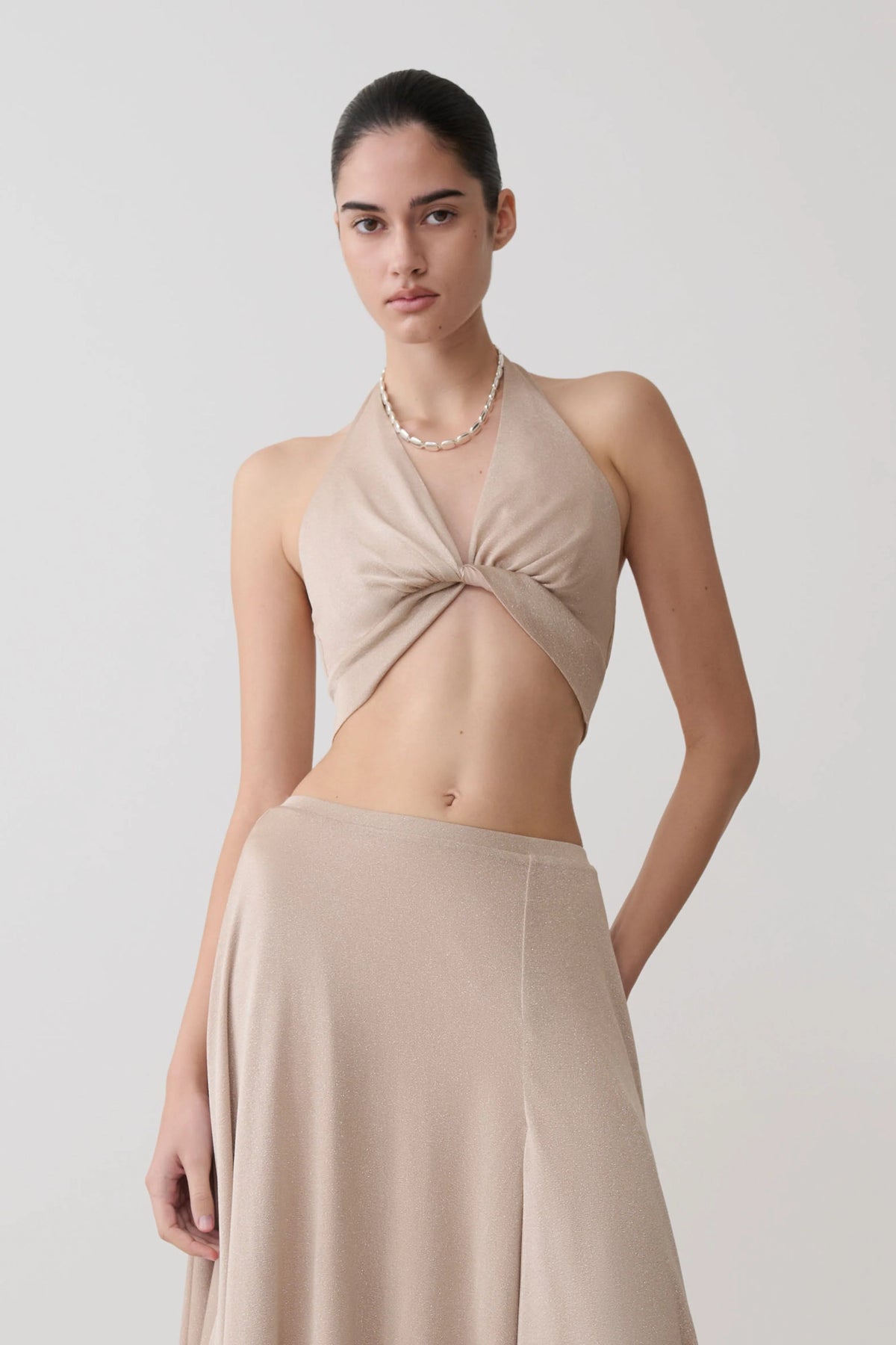 Nola Draped Lurex Halter Top Gold