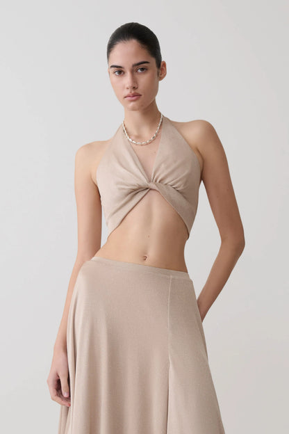Nola Draped Lurex Halter Top Gold