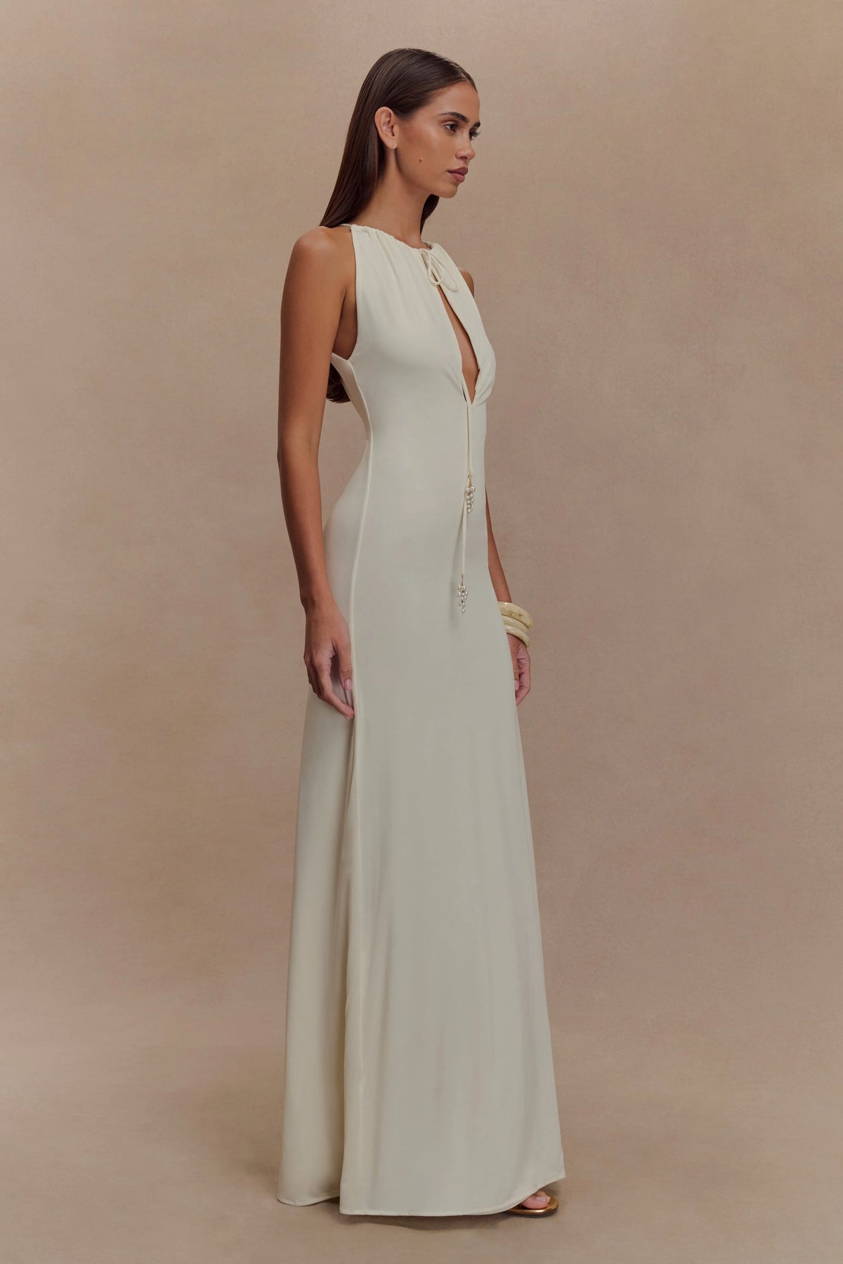 Beryl Slinky Maxi Dress With Pearls Ivory
