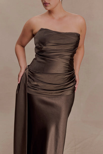 Sarah Strapless Maxi Dress With Waist Tie Mocha
