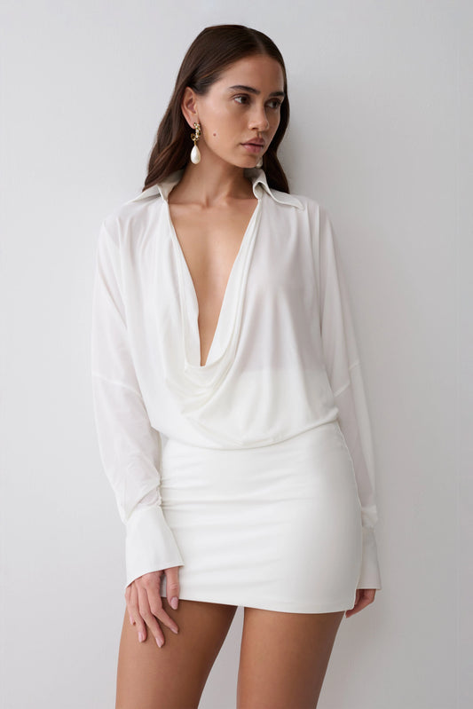 Soleia Cowl Drape Shirt Dress White