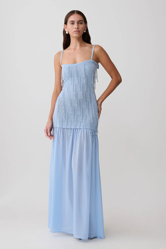 Belinda Beaded Knit Chiffon Maxi Dress Light Blue