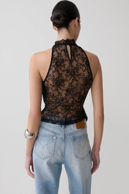 Arra Chiffon Lace Halter Top Black