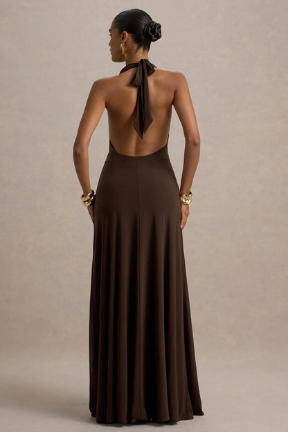 Mist Brown Plunge Neck Maxi Dress With Knot Detail And Open Back