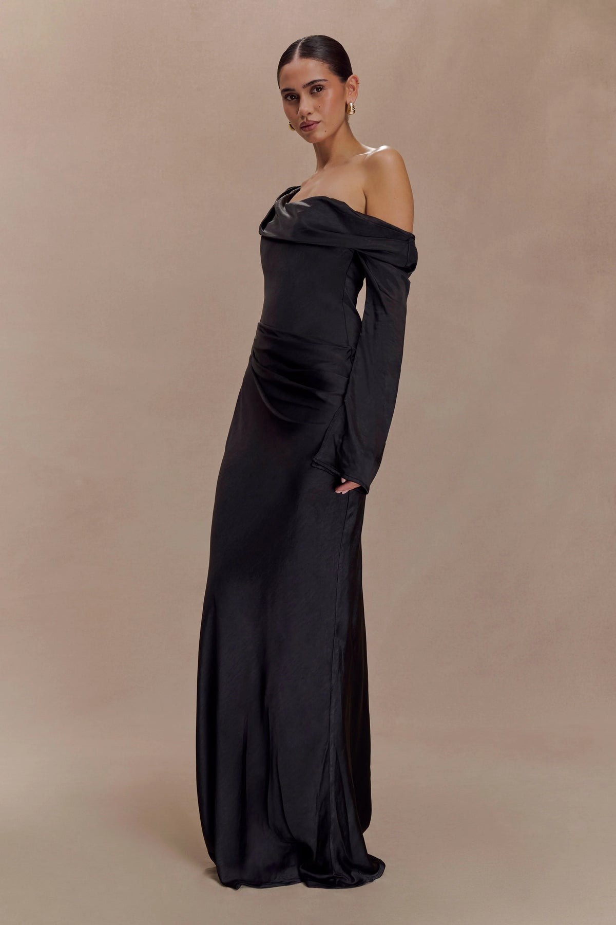 Iris Long Sleeve Satin Maxi Dress Black