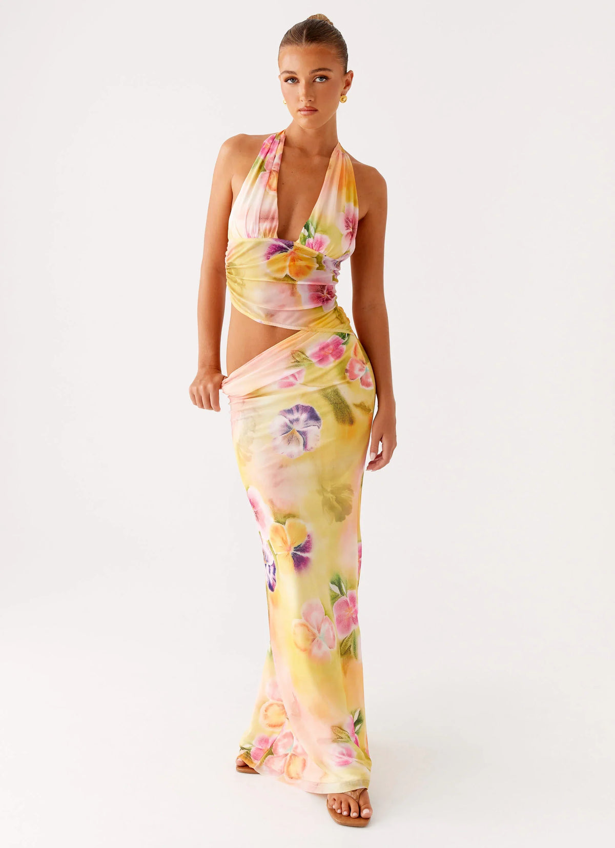 Main Act Halter Maxi Dress Sunburst Floral