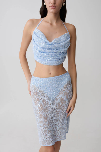 Kiara Pearl Beaded Cowl Crop Top Powder Blue