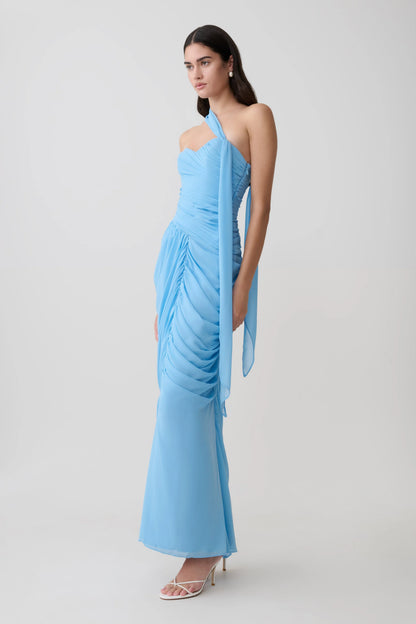 Micaela Chiffon Gathered Maxi Dress Alaskan Blue