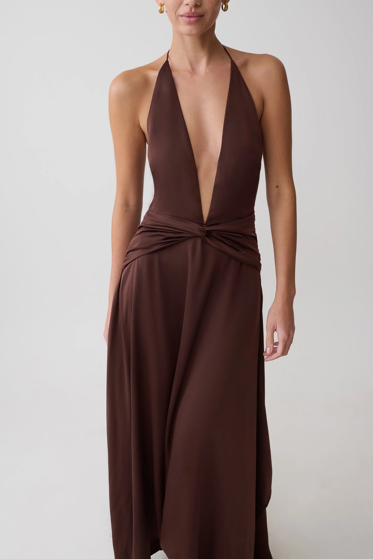Cyra Plunge Satin Midi Dress Dark Chocolate