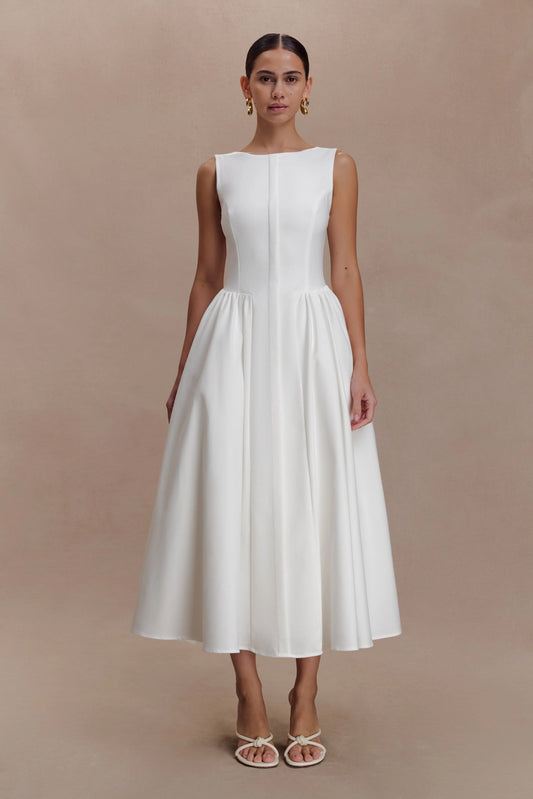 Monika Gathered Waist Cotton Midi Dress White