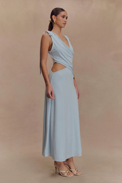 Raleigh Asymmetrical Slinky Midi Dress Pale Blue
