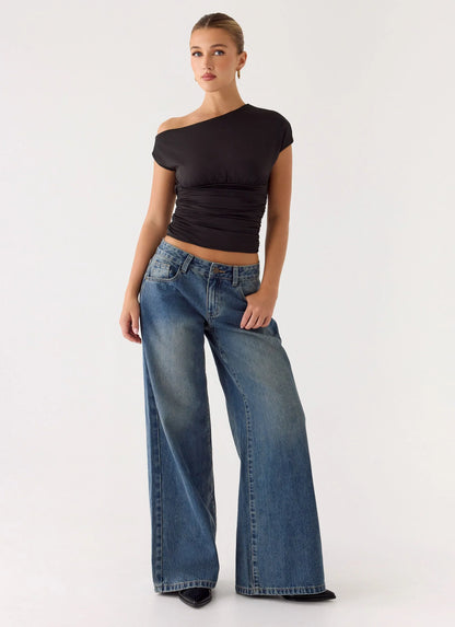 Neo Low Rise Wide Leg Denim Jeans Vintage Blue Bleach Wash