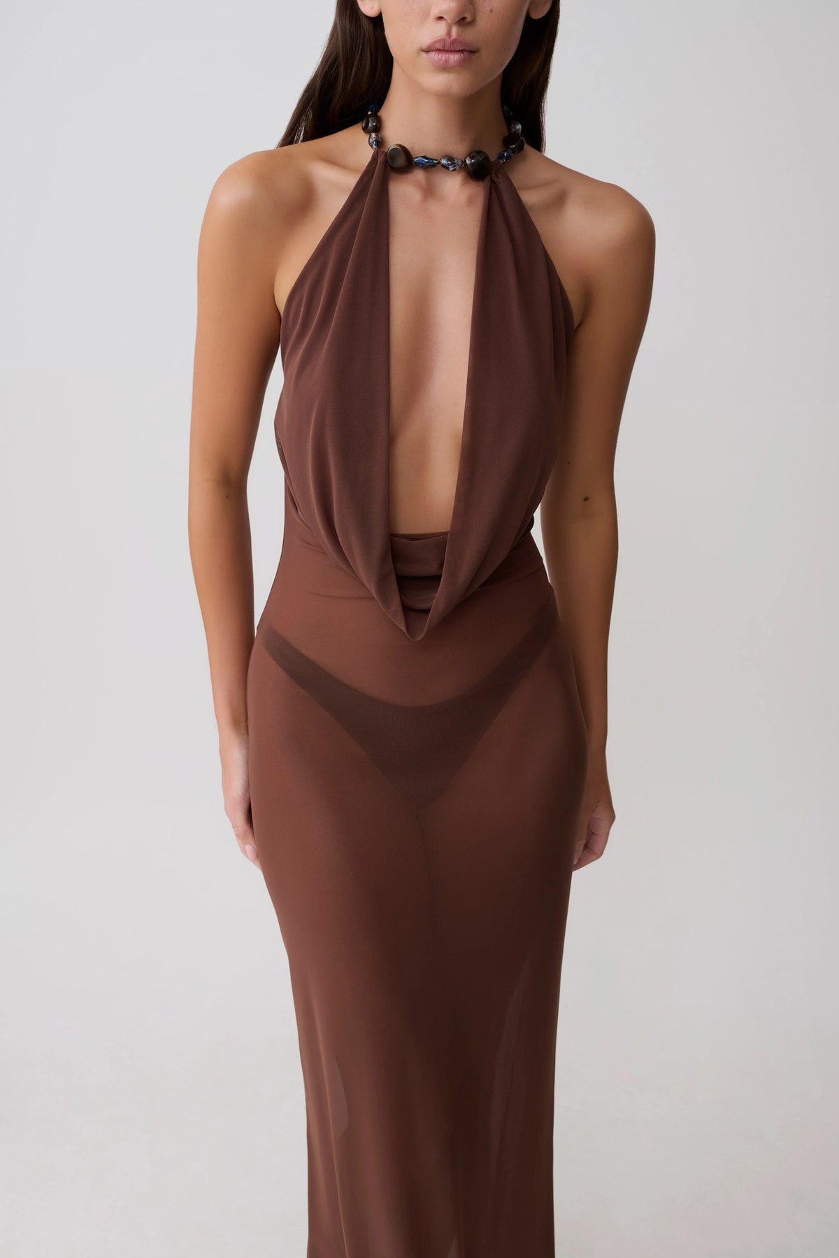 Ethal Mesh Cowl Neck Beaded Maxi Dress Chocolate