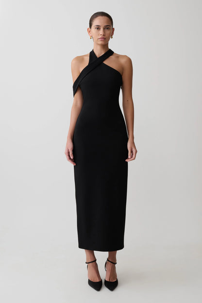 Sable Crossover Crepe Midi Dress Black
