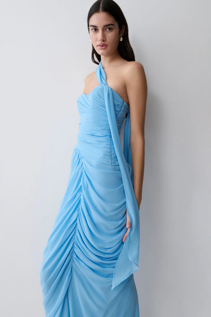 Micaela Chiffon Gathered Maxi Dress Alaskan Blue