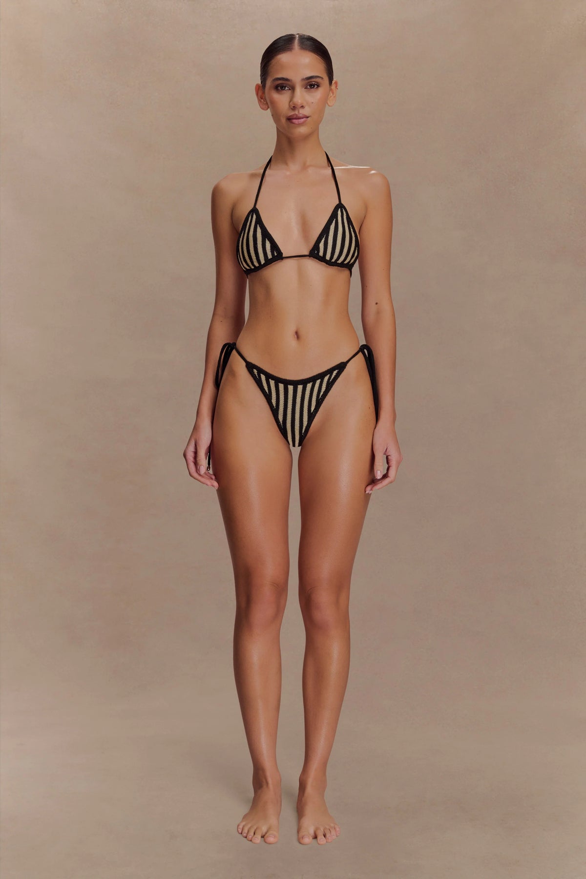Corrie Crochet Tie Up Bikini Bottom Black And Neutral Stripe