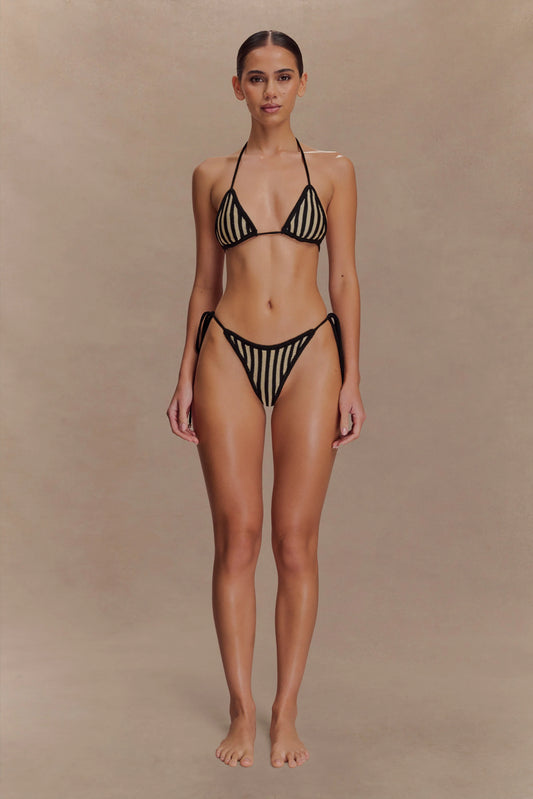 Corrie Crochet Tie Up Bikini Bottom Black And Neutral Stripe