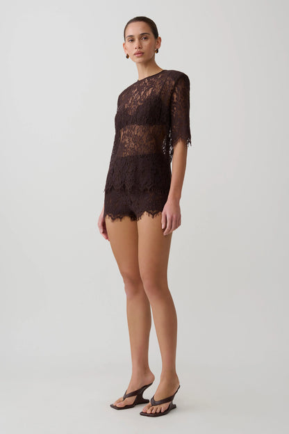 Harlyn Shoulder Pad Short Sleeve Lace Top Dark Chocolate