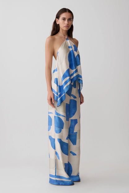 Rachel Satin Straight Leg Pants Blue Geo Tile Print