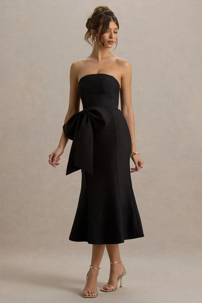 To Me Black Bandeau Midi Dress With Oversized Bow