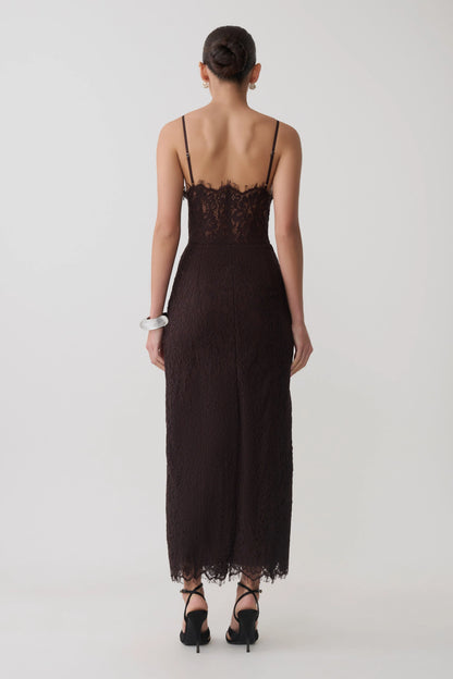 Ottilie Lace And Mesh Midi Dress Dark Chocolate