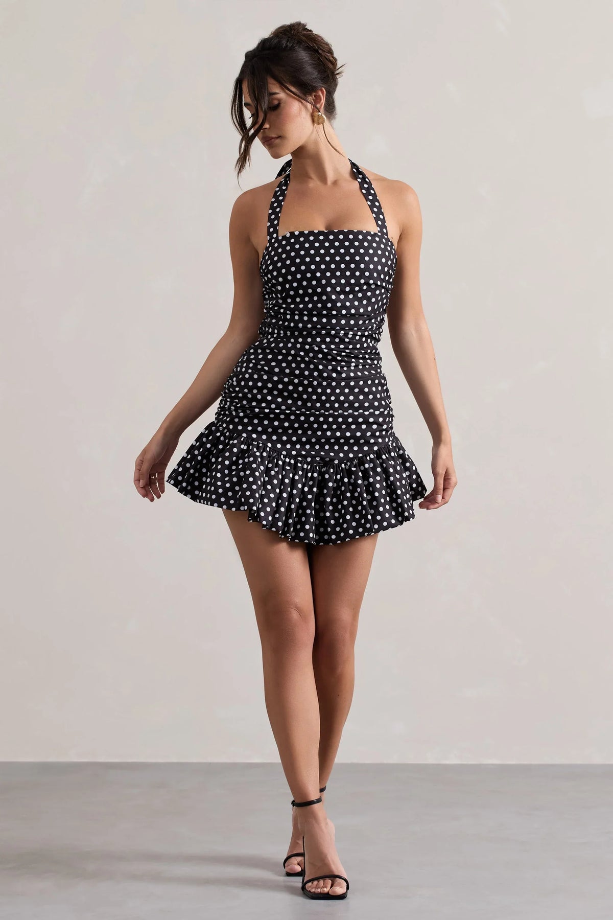 Zahra Black White Polka Dot Halter Neck Ruched Mini Dress With Ruffle Hem