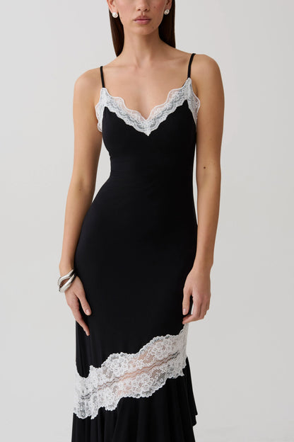 Annis Frilled Hem Lace Midi Dress Black White